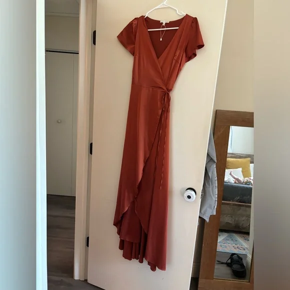 open lace back dress Florence Wrap Bridesmaids Dress In Burnt Orange Satin main image 0